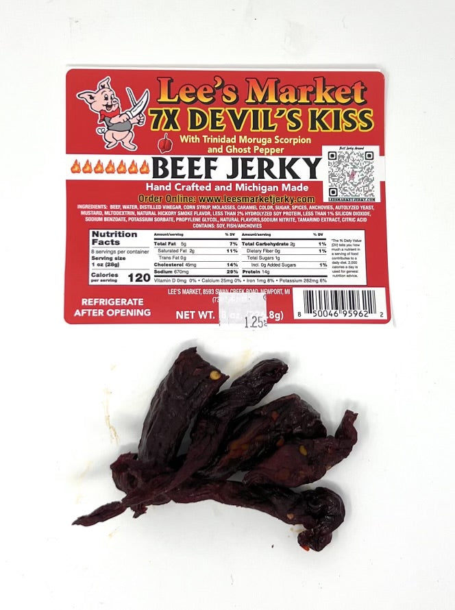 Devil’s Kiss Ghost Pepper X7 Trinidad Moruga Scorpion Jerky 1.25 oz sample pack